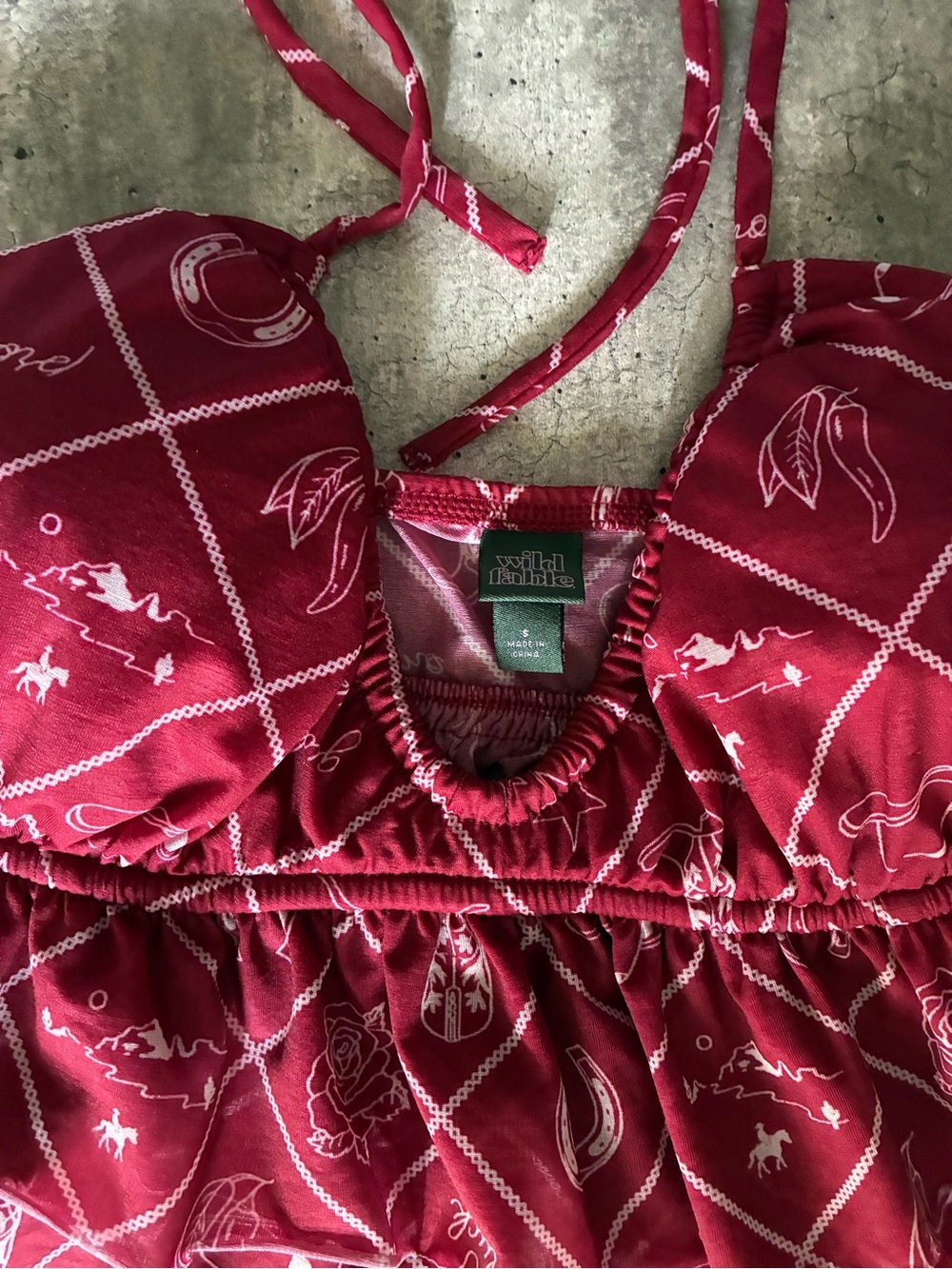 Red Patterned Halter Ruffle babydoll Top - Picture 2 of 5